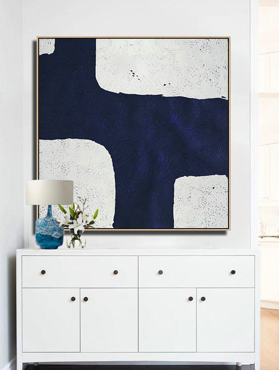 Handmade Large Contemporary Art,Hand-Painted Oversized Minimalist Navy Blue And White Painting,Modern Abstract Wall Art